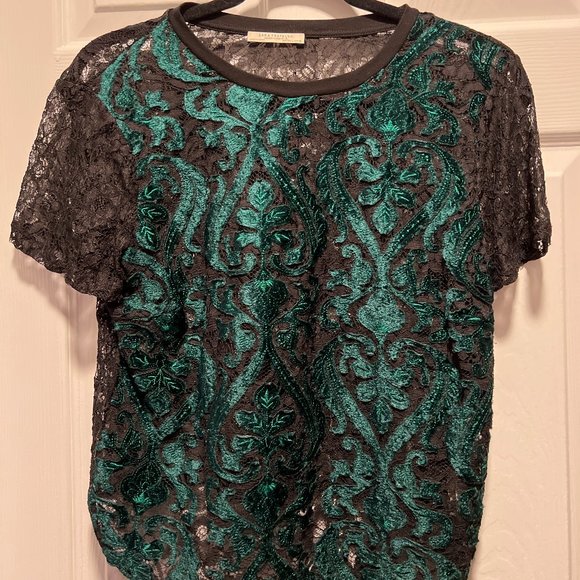 Zara Trafaluc Womens Lace Crop Top Green Crew Neck Short Sleeve - Picture 2 of 6